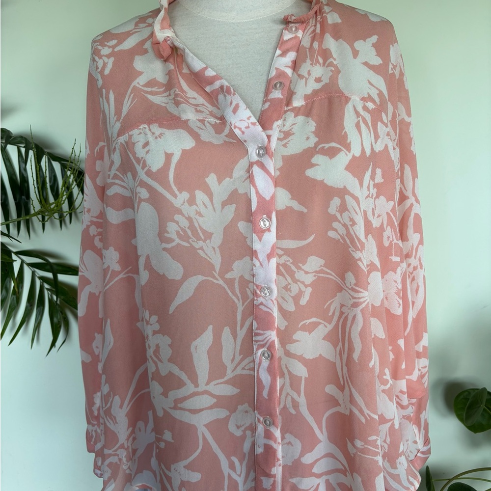 Feminine Coral & White Sheer Blouse